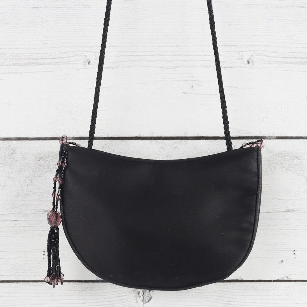 La Regale Black Satin Mini Crossbody or Clutch Bag Beaded Tassels Button Closure - Picture 3 of 8